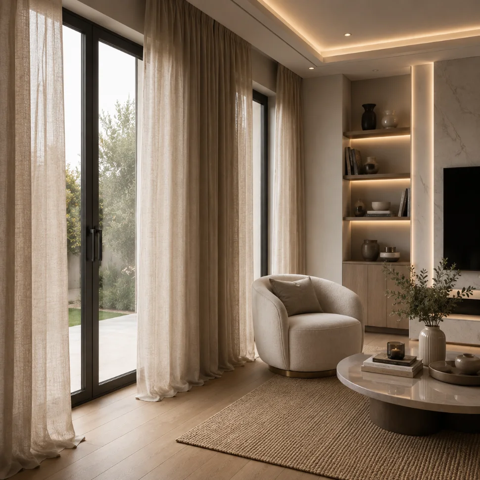 Linen curtains installed in living room Dubai