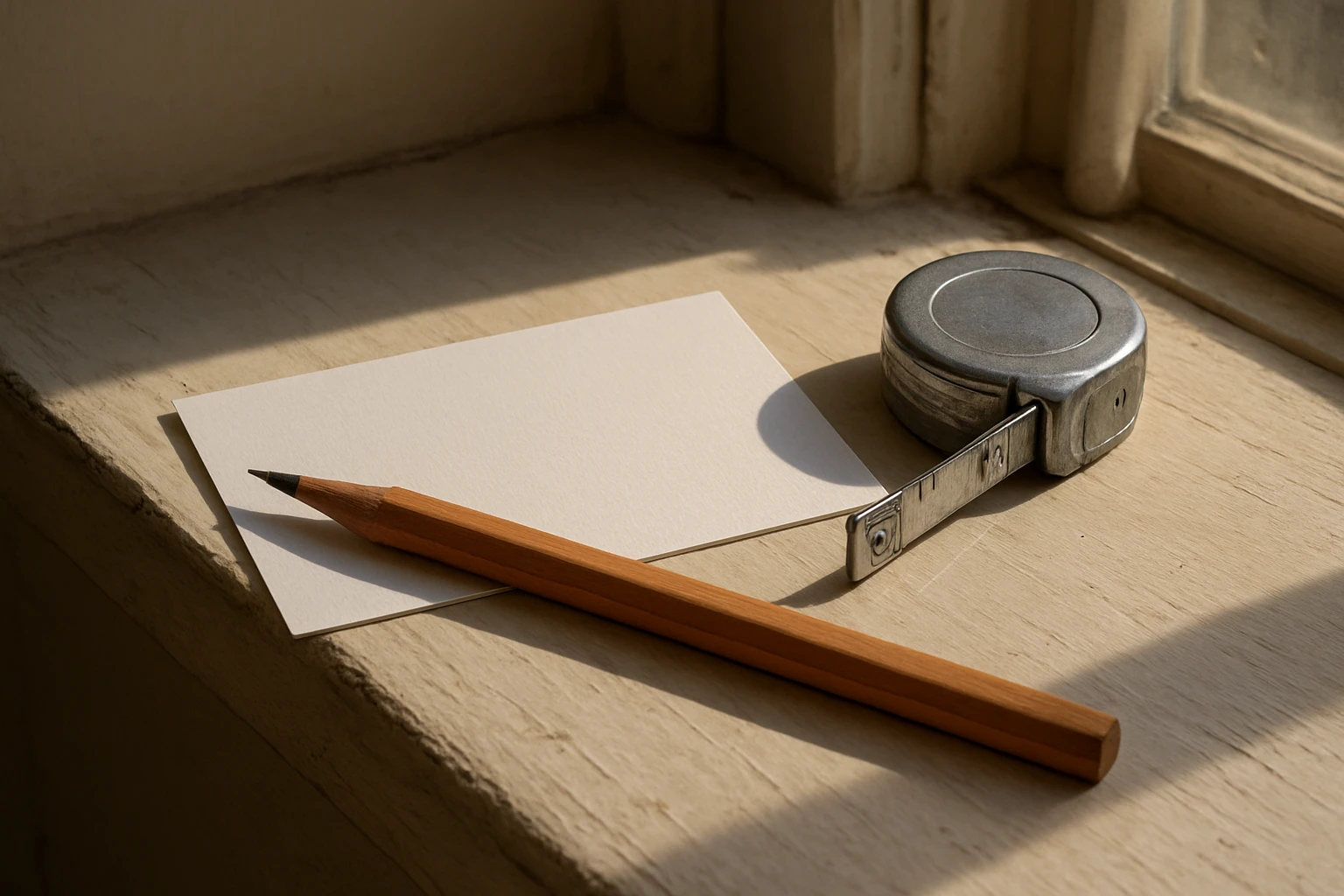 A cheat-sheet card for curtain measurements beside a retractable tape measure and pencil on a sunny windowsill with a curtain