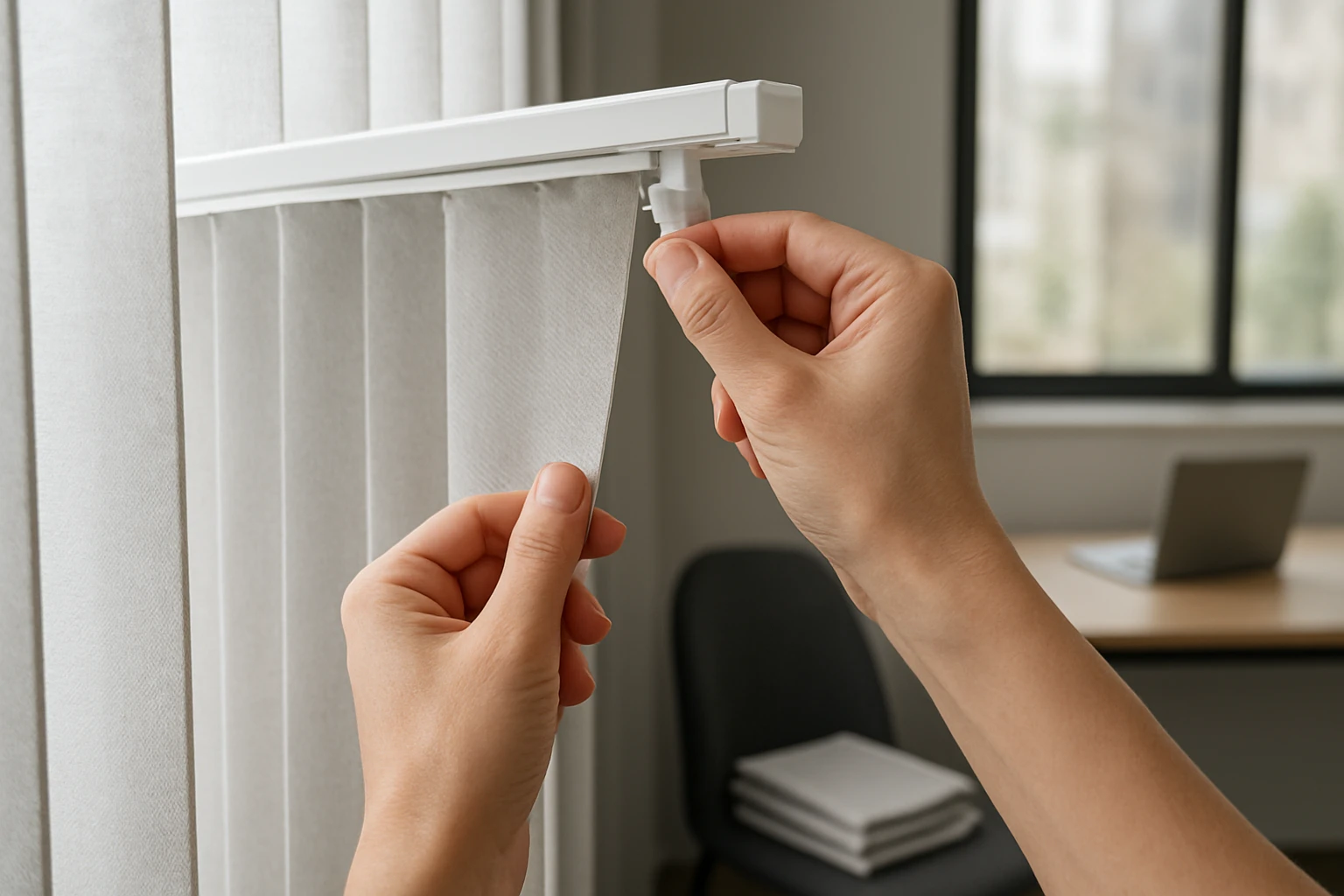 A hand removing a fabric vertical blind vane from its top track in an office, showing attachment clips and folded vanes nearb