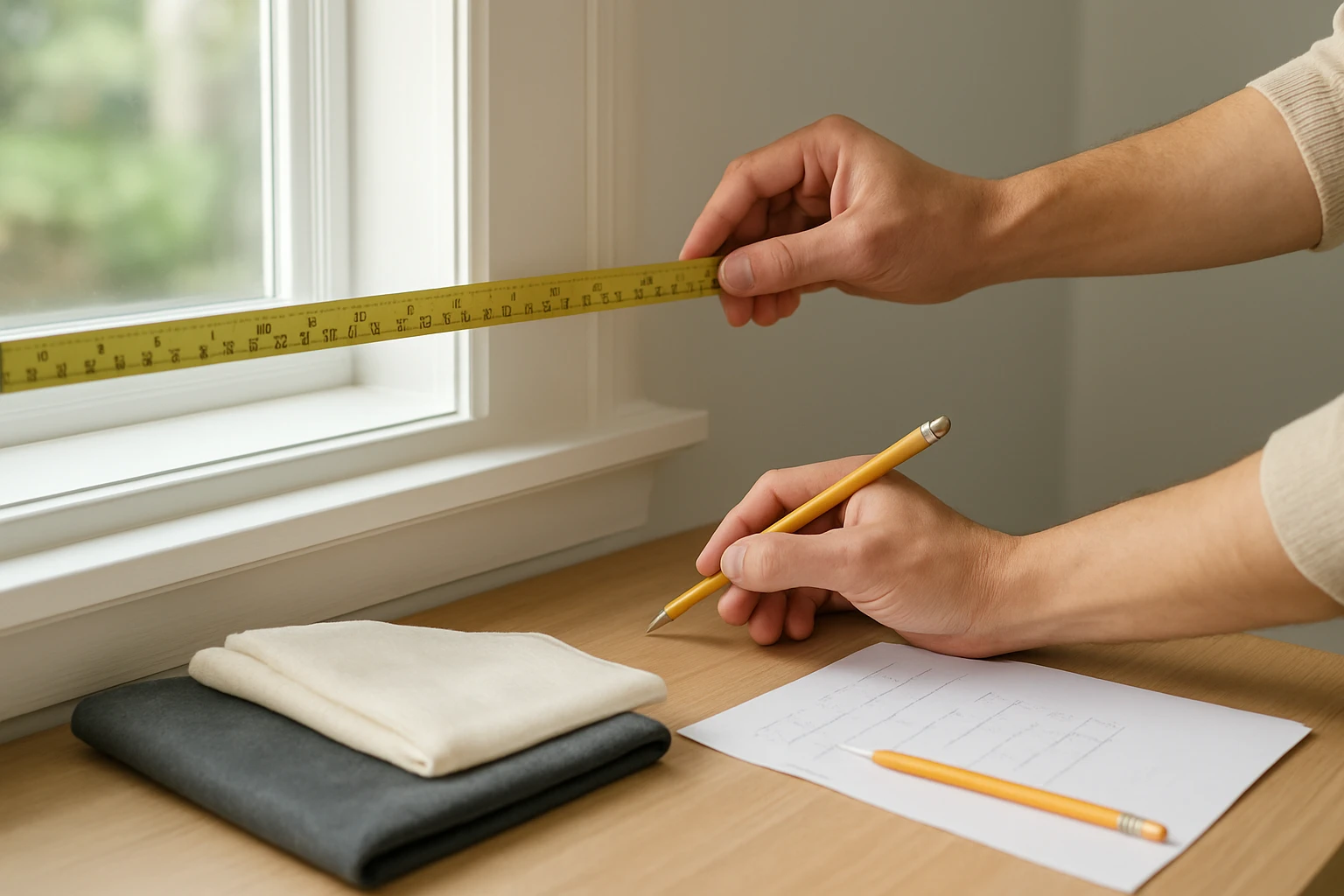 A person measuring a window with a metal tape measure for layered sheer and blackout curtains, with fabric samples and notes 