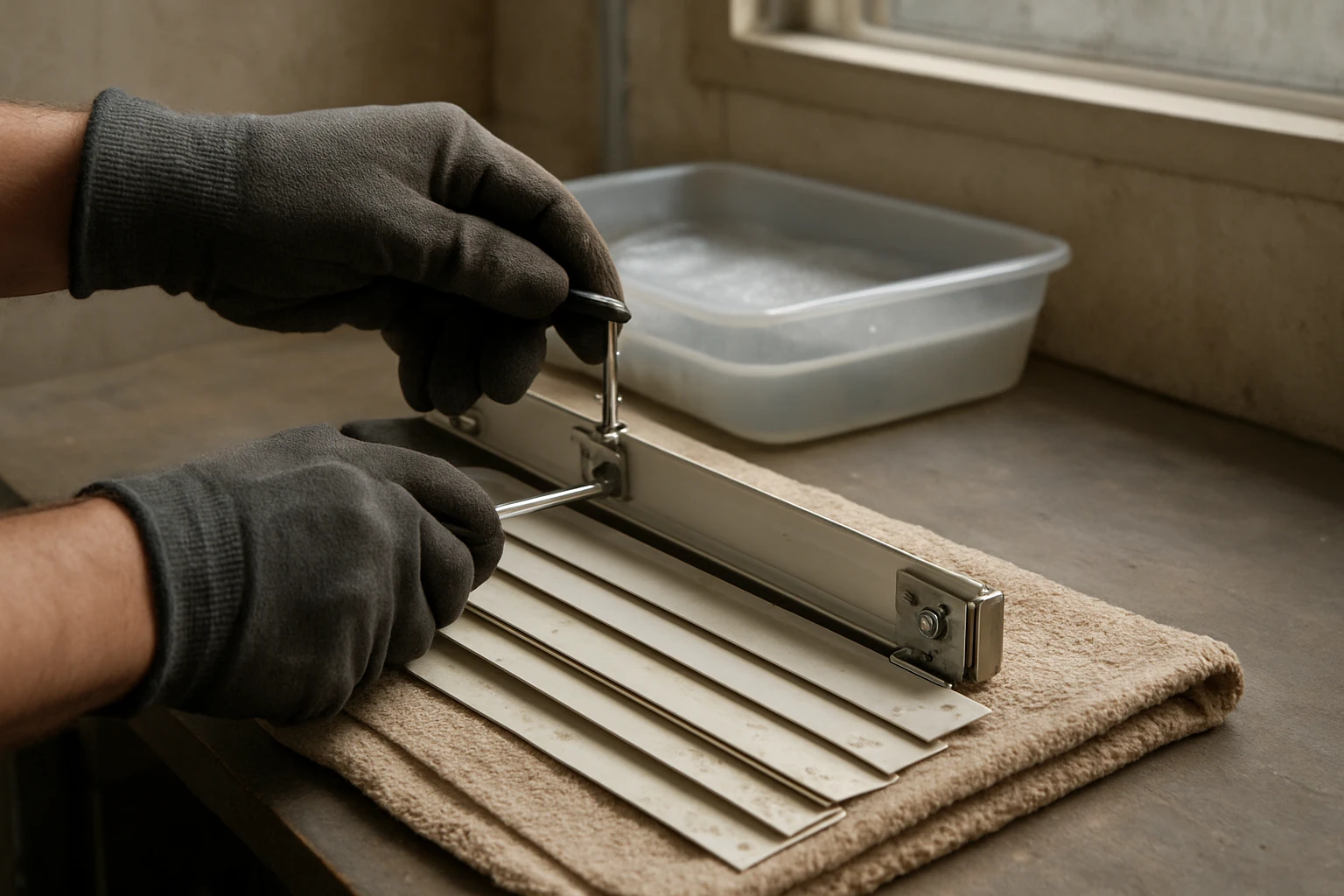 Aluminum mini blinds being removed and placed on towels on a garage workbench with mounting brackets and a tub of soapy water