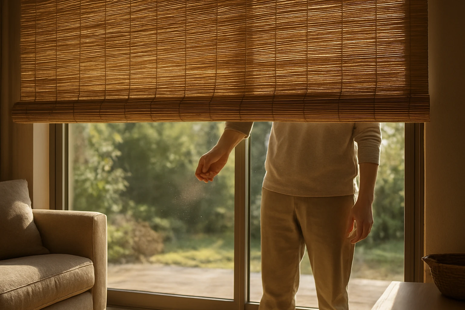 Bamboo and woven-wood blinds being gently tapped outside to shake out dust, showing close-up woven texture in warm sunlight.