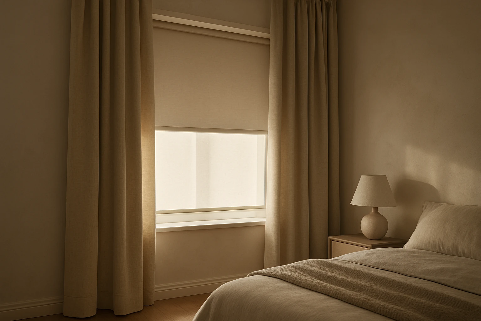 Blinds and curtains layered in bedroom