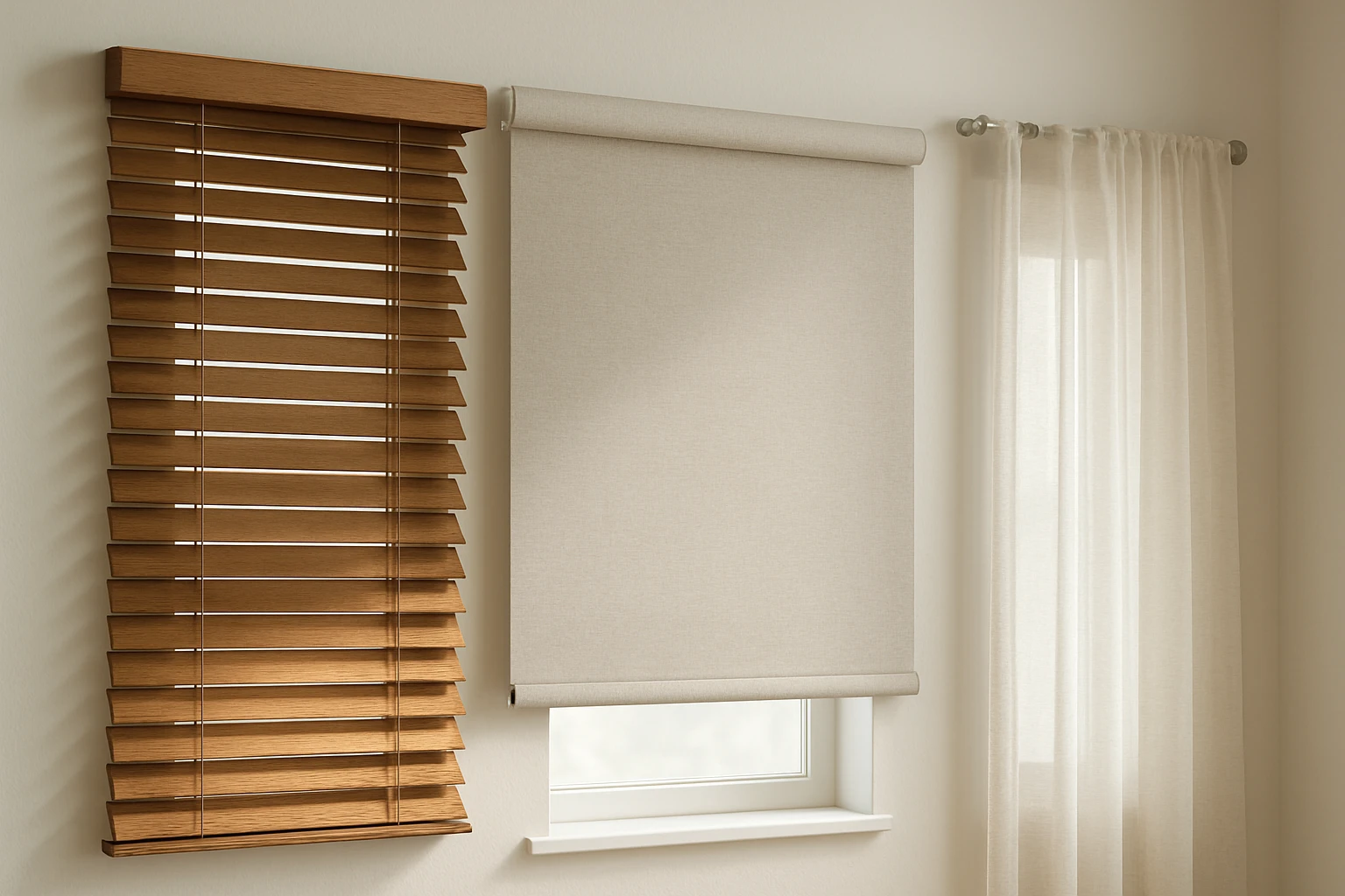 Blinds and curtains mounted side by side