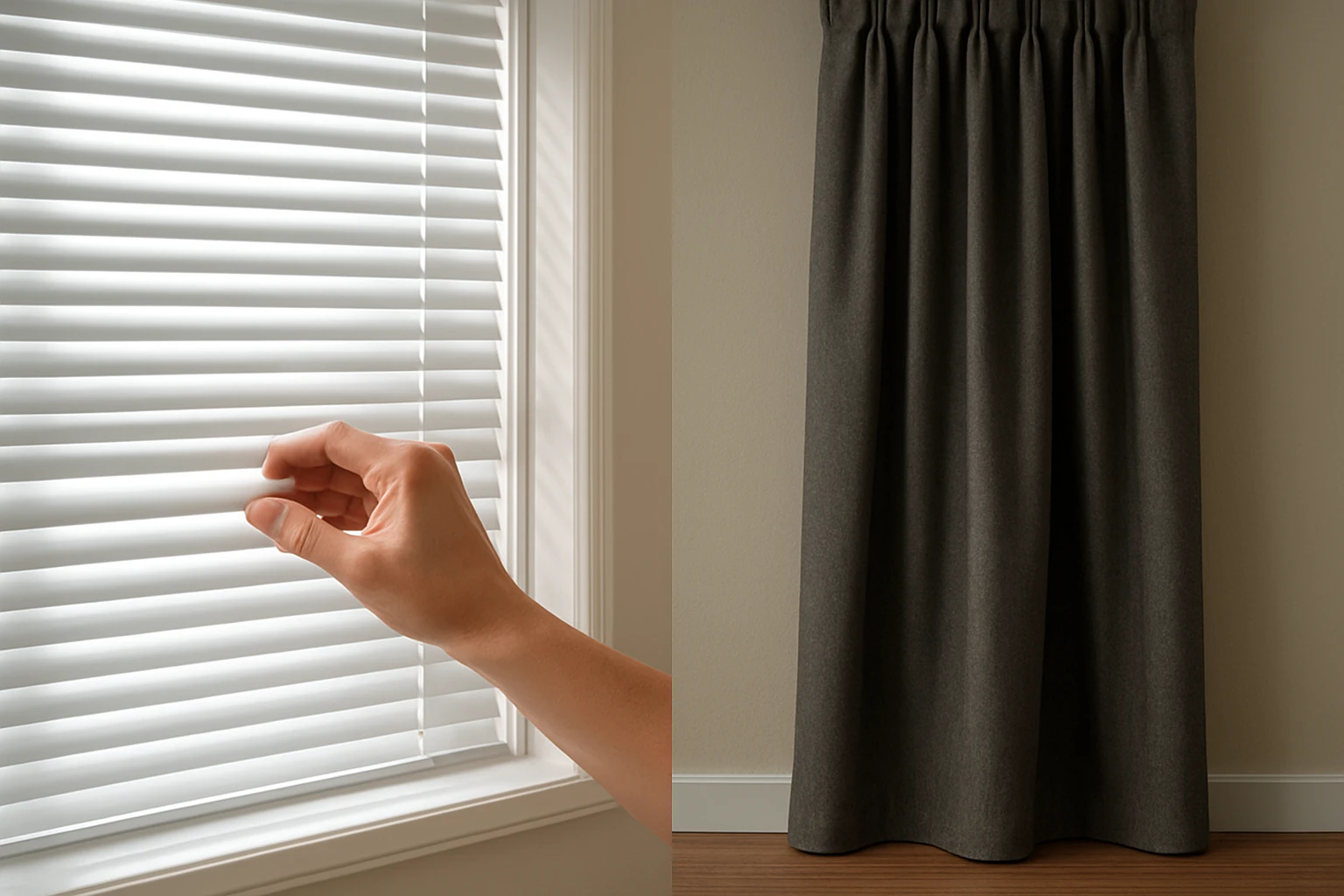 Blinds and curtains side by side