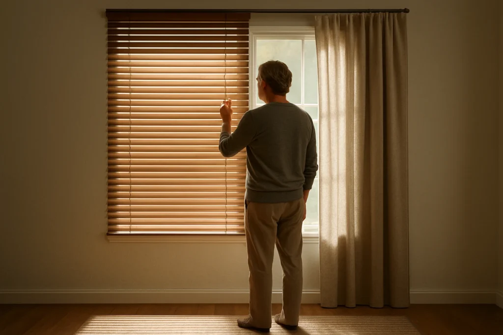 Blinds and curtains side by side