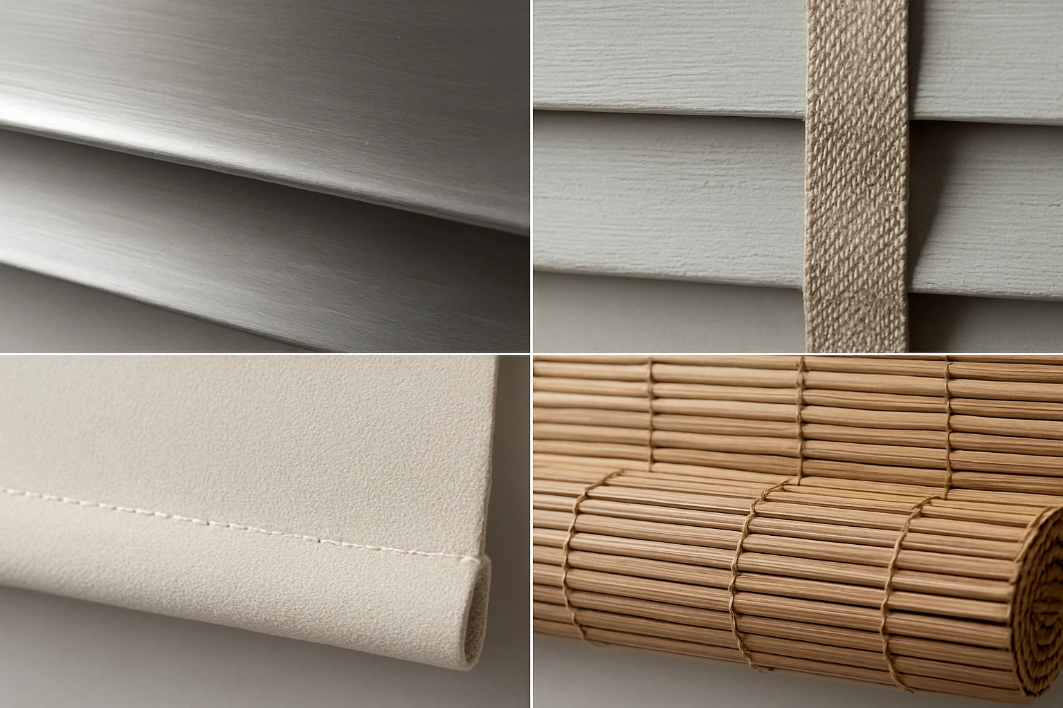 Composite close-up of four blind materials: aluminum venetian slat, painted wooden slat, roller blind fabric edge, and woven 