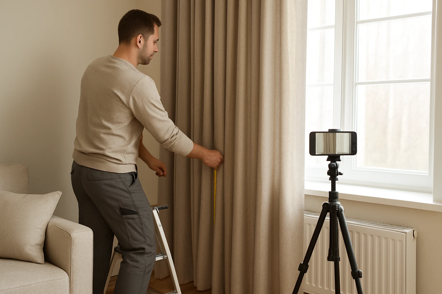 Curtain fitter on a stepladder measuring the hem and smoothing a floor-length linen curtain beside a living room window obstr