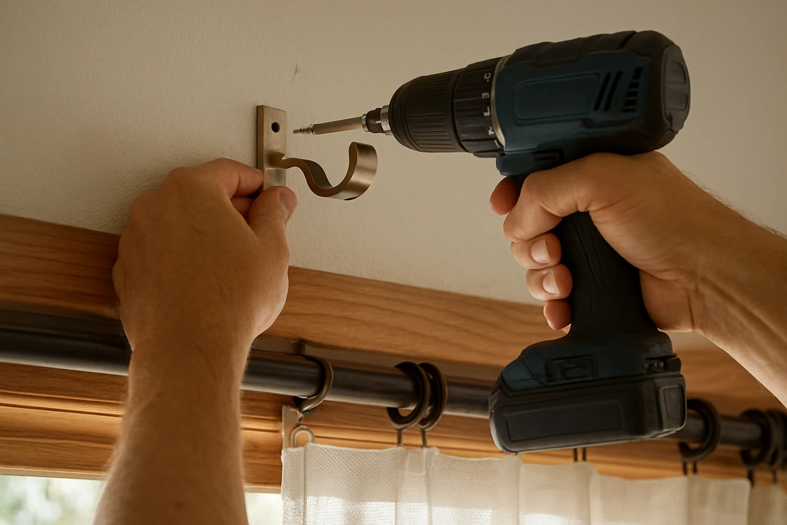Double curtain bracket being installed above a window, showing the inner sheer track and outer blackout rod with a homeowner'