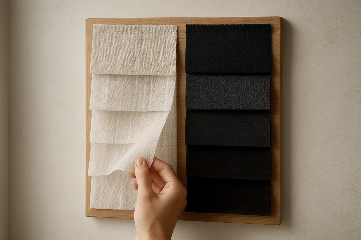 Fabric sample board with sheer curtain swatches beside blackout swatches, a hand lifting a sheer over a blackout to show tran