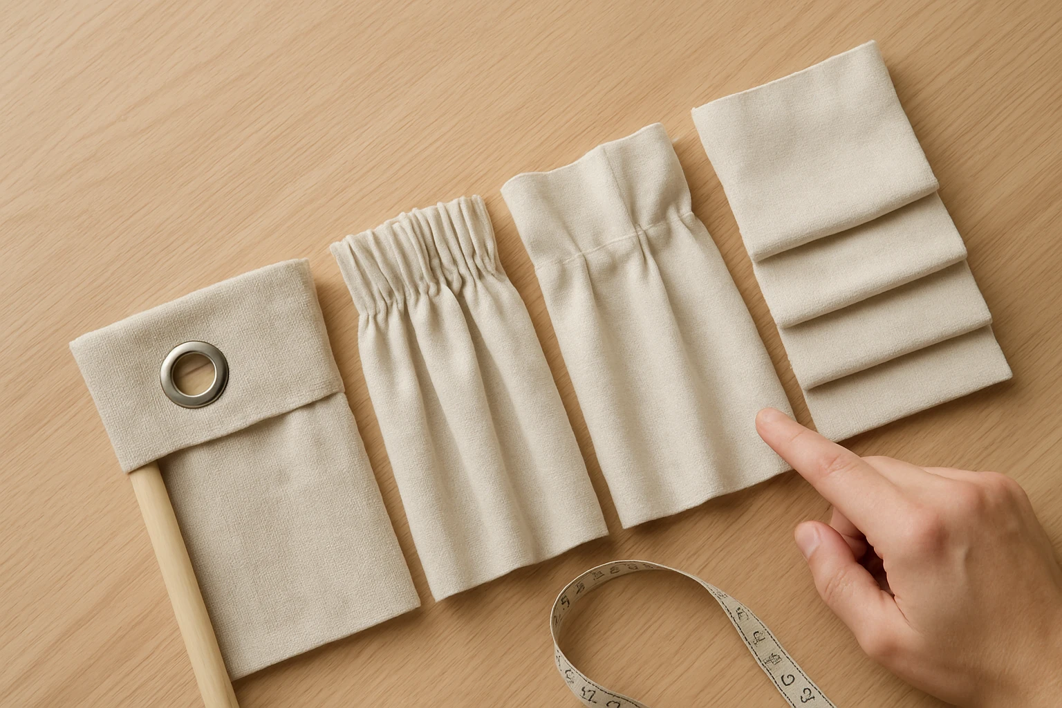 Five curtain header swatches—eyelet, pencil pleat, pinch pleat, wave, and Roman—laid on a table with a hand indicating where 