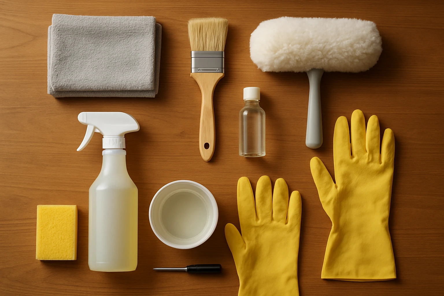 Flat-lay of blind-cleaning tools: microfiber cloths, soft-bristle brush, dusting wand, spray bottle, sponge, small bucket, ru