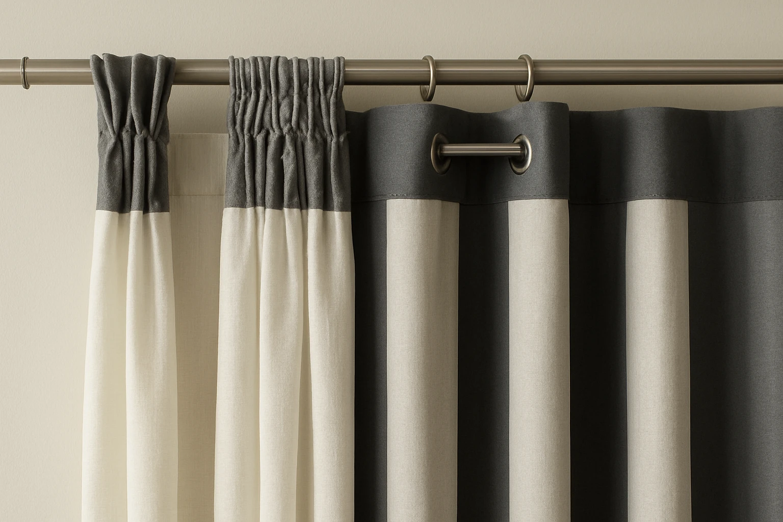 Four curtain heading types—pinch pleat, pencil pleat, eyelet, and wave—each shown as a sheer layered over a blackout panel on