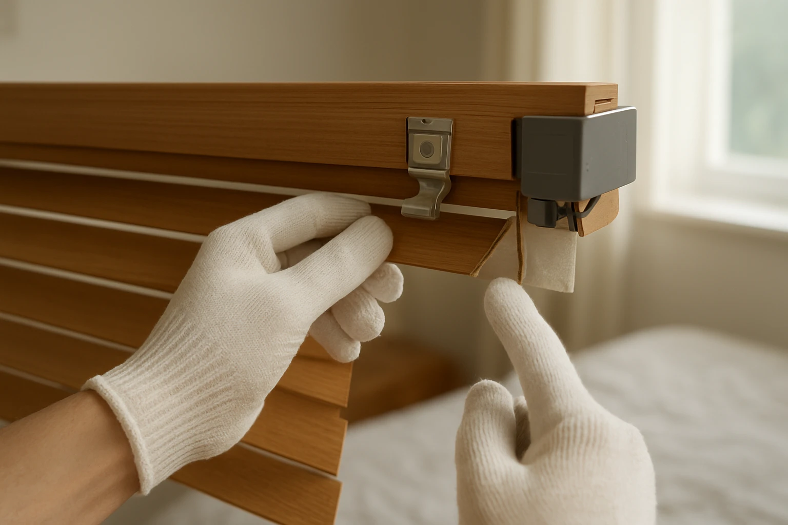 Homeowner inspecting a motorized wooden venetian blind headrail, slat end, and compact motor housing by a sunlit bedroom wind