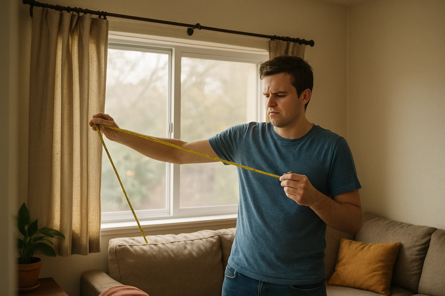 Homeowner measuring a window for curtains with a sagging tape measure while noticing curtains that hang too short and the pol