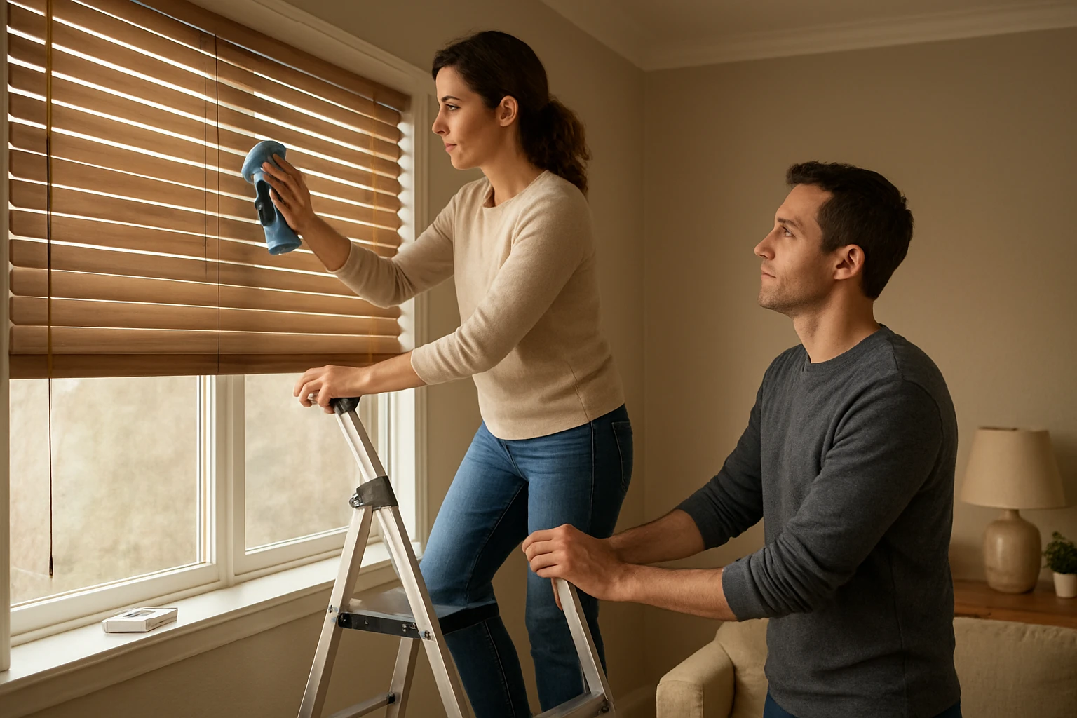 Homeowner on a step ladder cleaning high wooden blinds while a spotter steadies the ladder and the remote sits on the windows