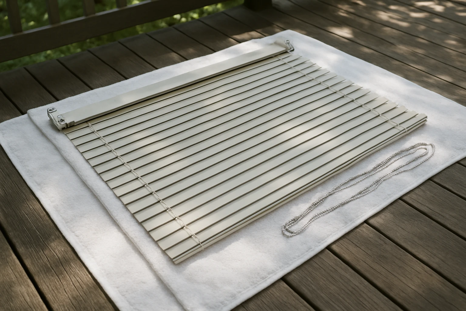 Horizontal window blinds laid flat on towels outdoors in shade with mounting brackets and cords arranged to air-dry before re