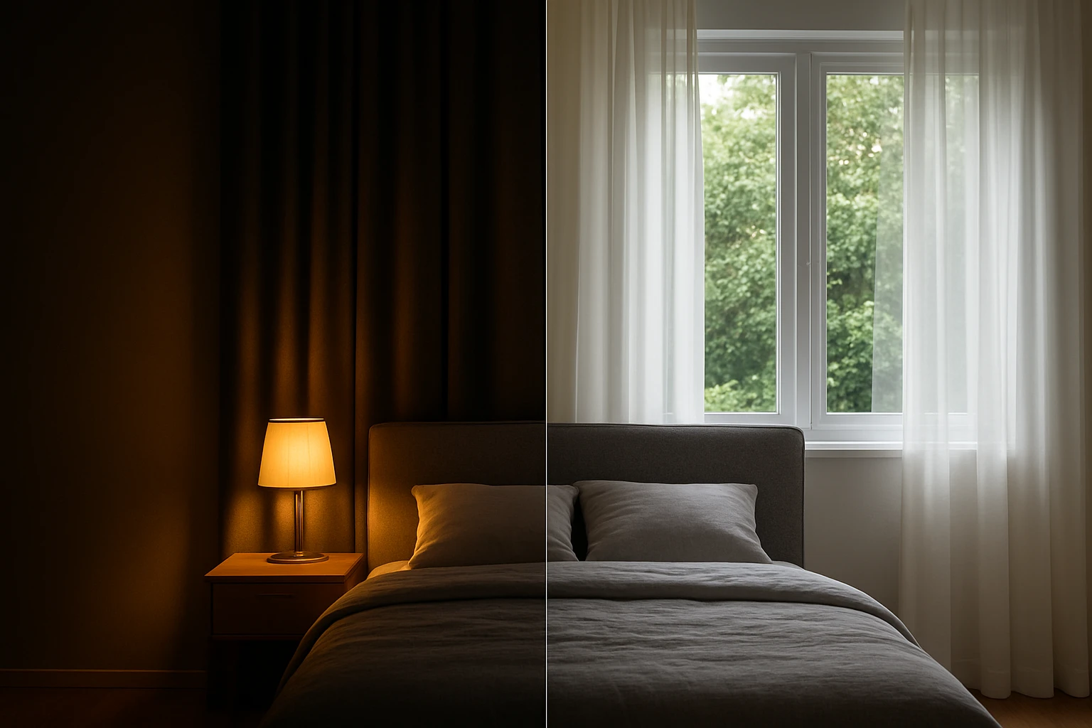 Layered sheer and blackout curtains in a bedroom split view, daylight filtering through sheers on one side and blackout close