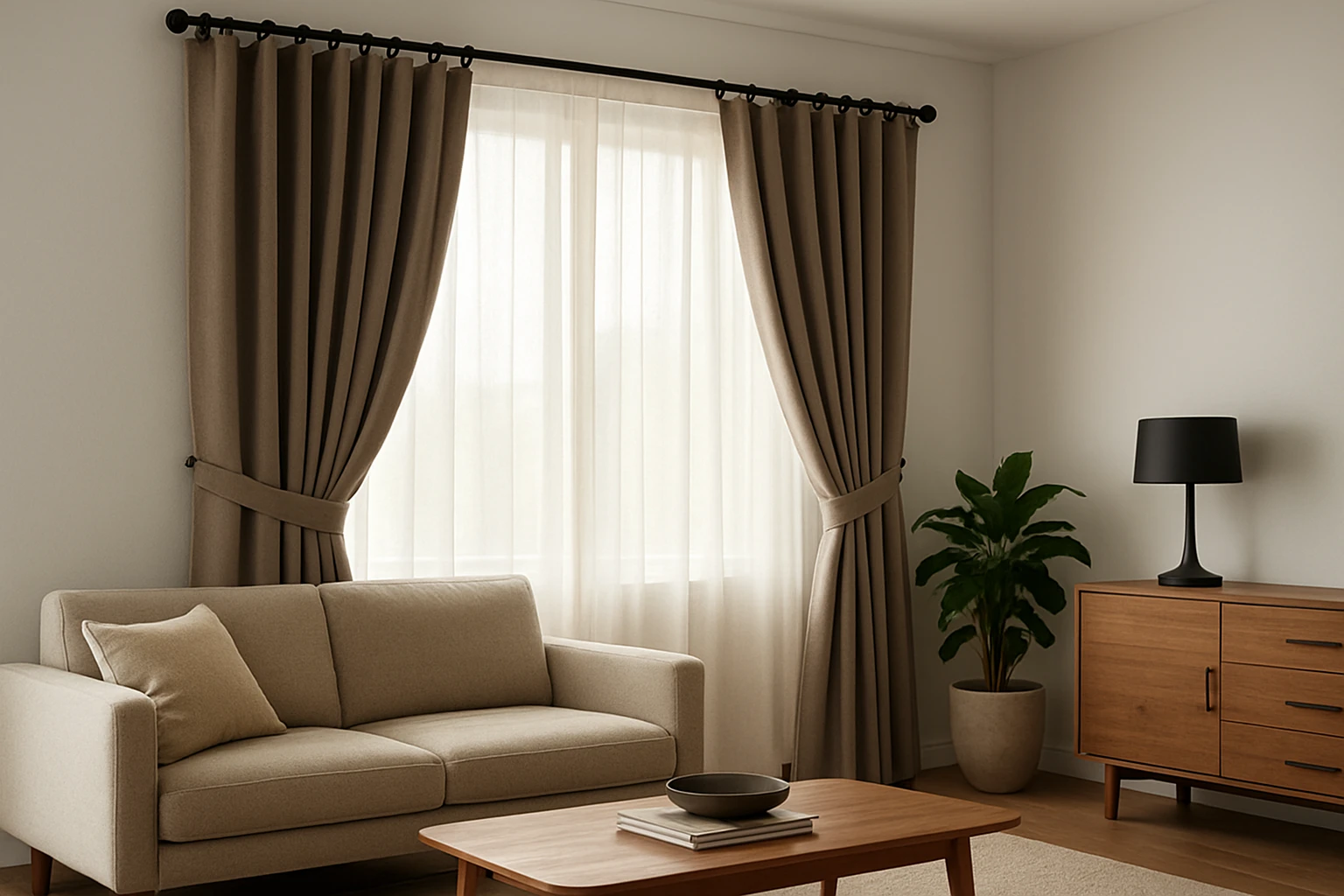 Layered sheer and mid-weight blackout curtains in a living room, blackout panels tied back and sheers softly diffusing daylig