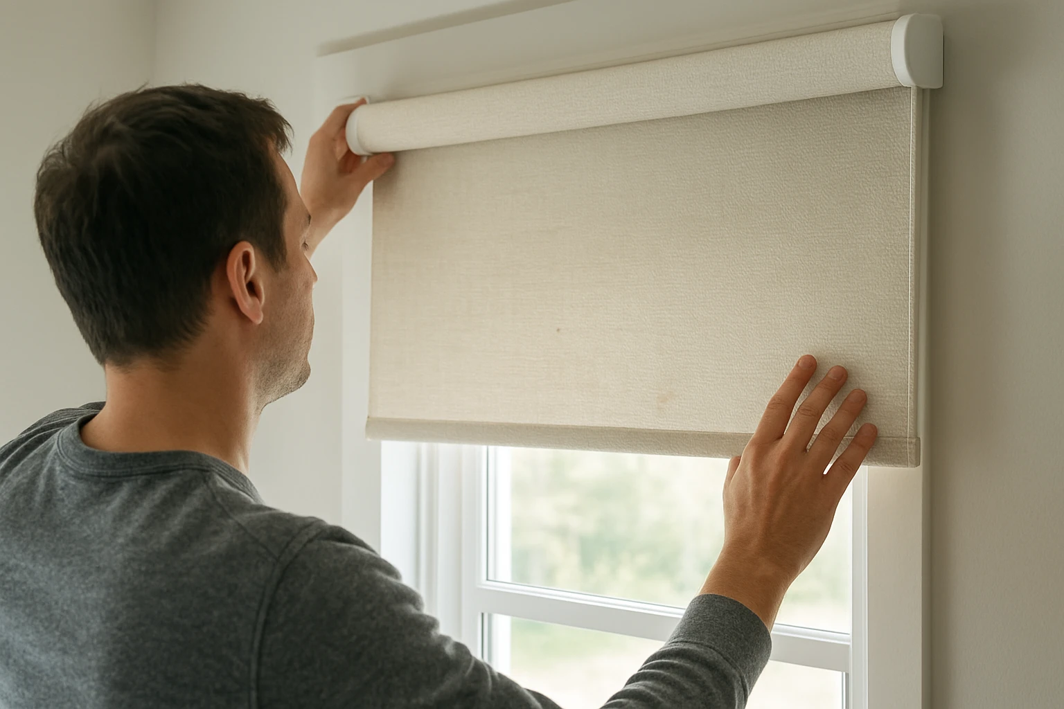 Light-colored roller blind fabric being lifted to show woven texture and the top cassette while a homeowner inspects a small 
