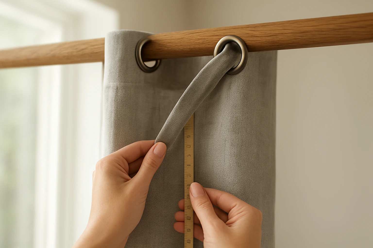Light-grey eyelet curtains on an oak pole showing metal grommets and the small gap below the top of the pole with hands indic