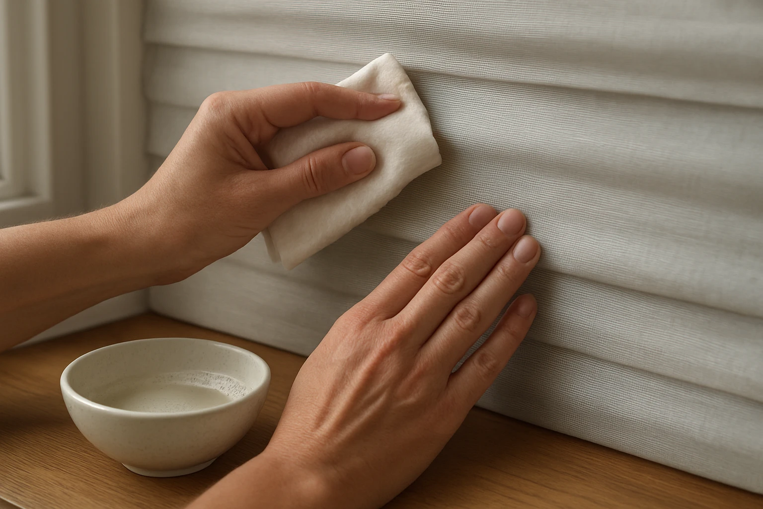 Light grey fabric blind with a small grease stain being blotted by a white cloth, a bowl of mild dish soap beside it.