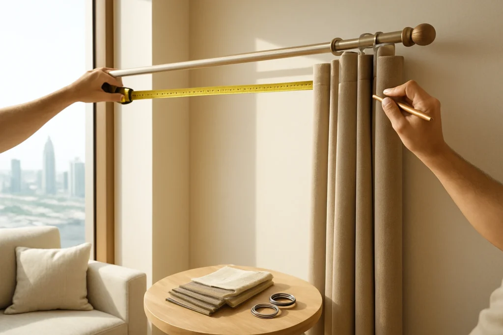 Measuring tape stretched across a wooden curtain pole and inner metal track while a second person marks the top in a bright l