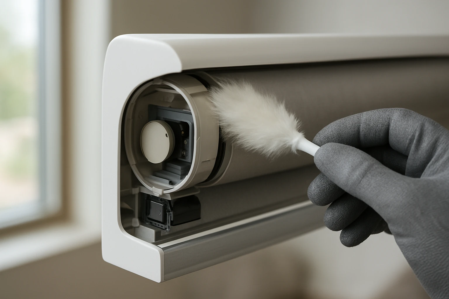 Motorized blind headrail with cover removed being dusted with a microfiber brush, showing protected motor and battery compart