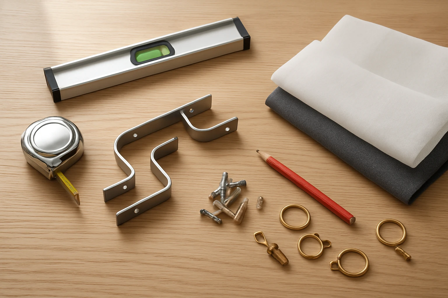 Mounting brackets for double curtain rods with tape measure, level, curtain rings, and sheer and blackout fabric swatches on 