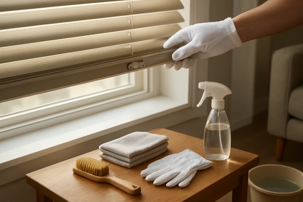 Neutral-toned horizontal blinds being inspected by gloved hands to reveal a small motor module, with a cleaning kit on a near