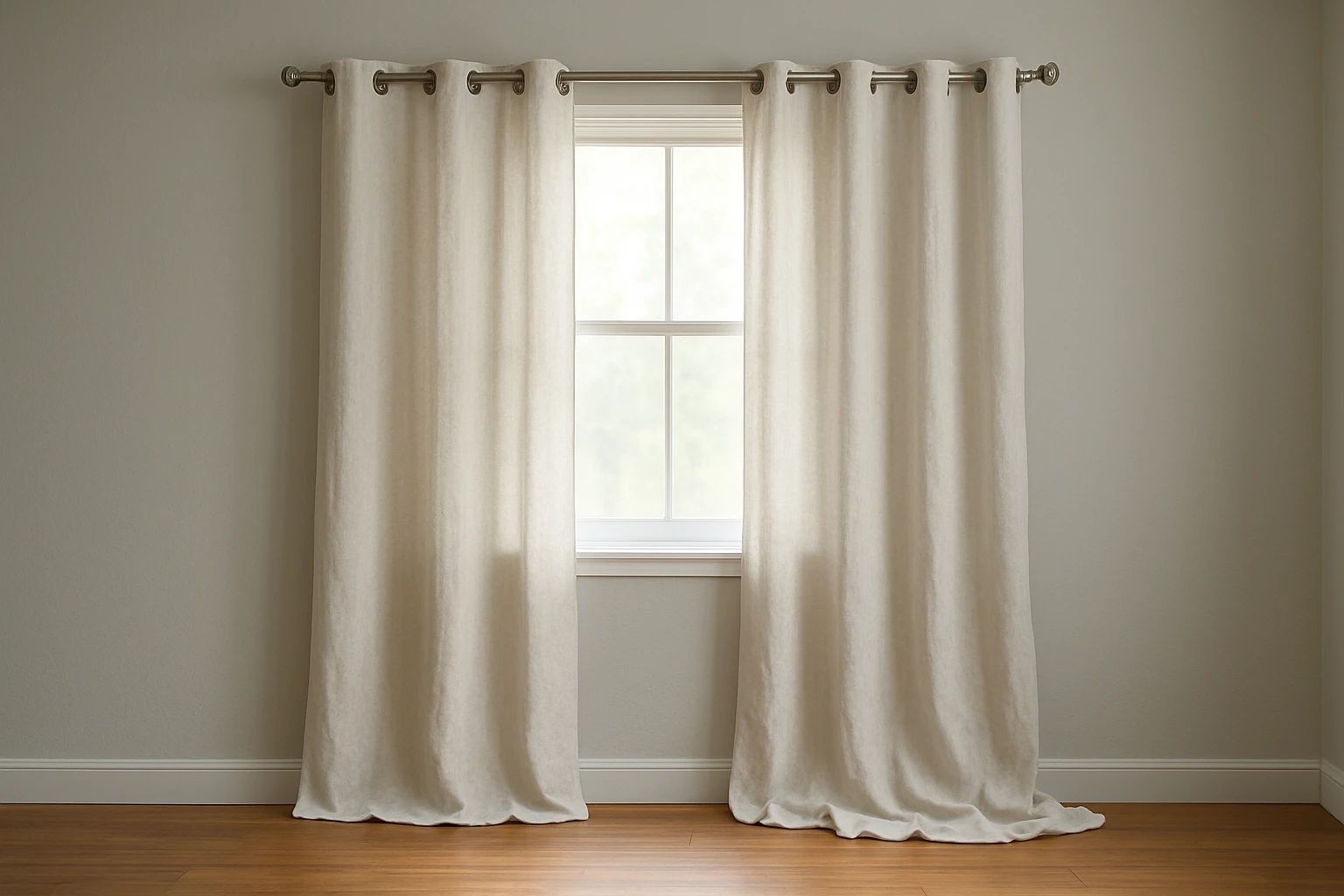 Off-white linen curtains hung on a metal pole leave a central gap while one panel pools unevenly on a hardwood floor.