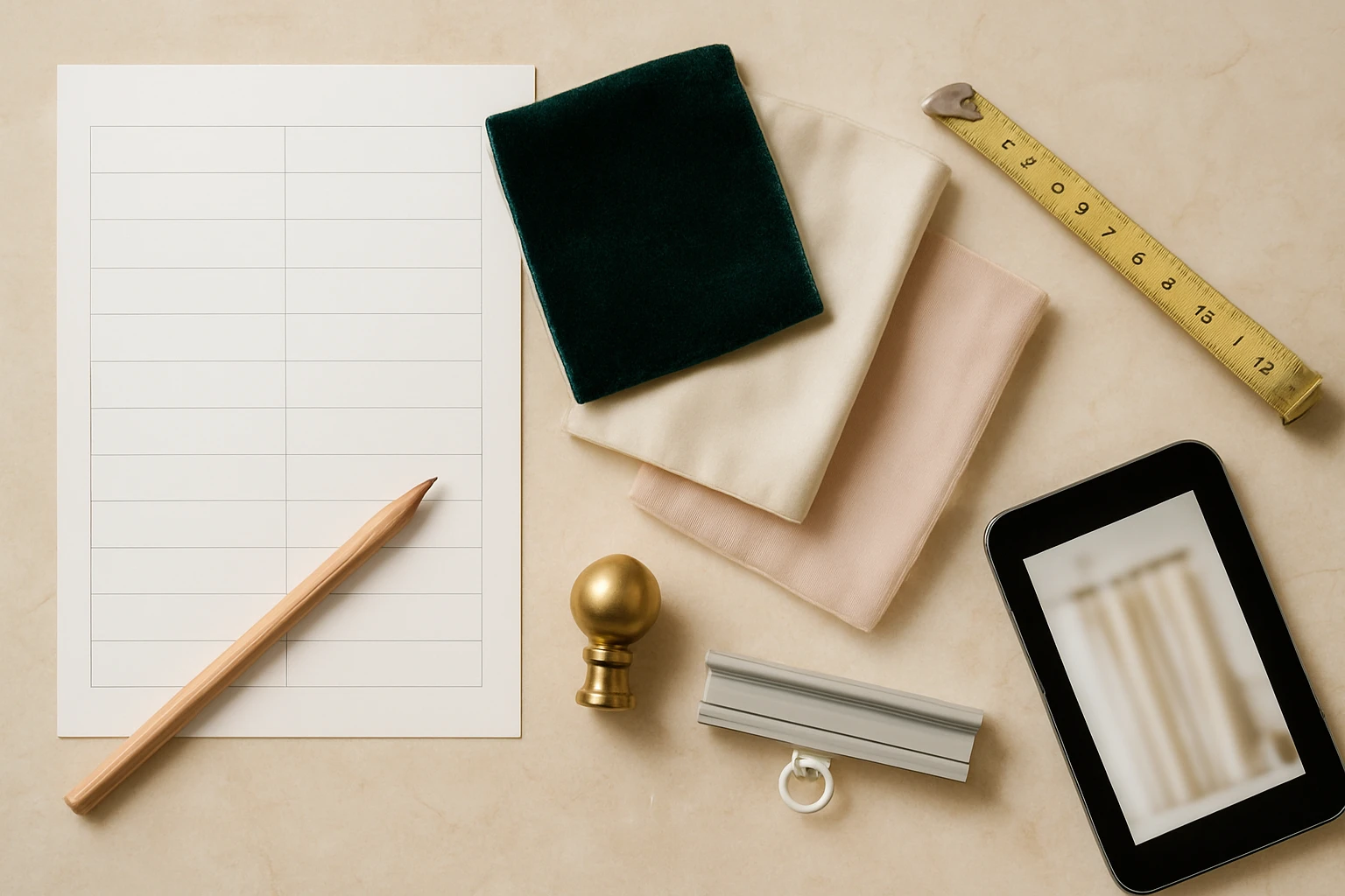 Ordering checklist with fabric swatches, unfurled measuring tape, curtain pole finial, track sample and tablet on a pale marb