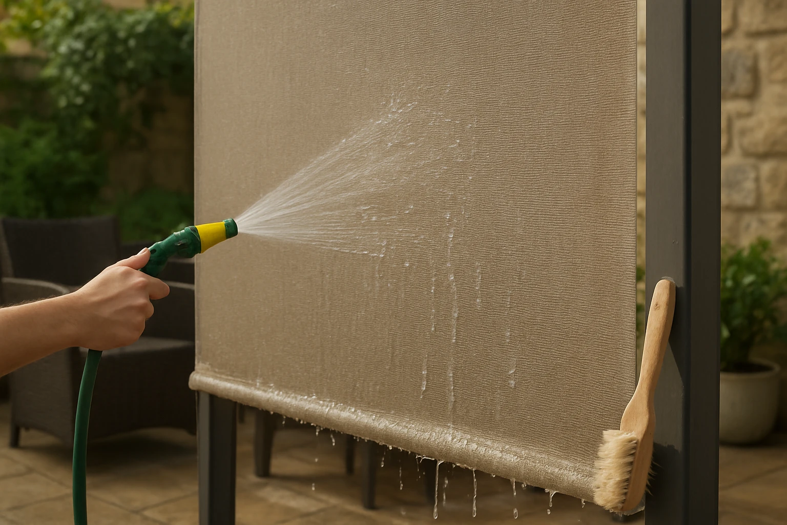 Outdoor roller blind being gently rinsed with a low-pressure hose on a sunlit patio with furniture and plants in the backgrou