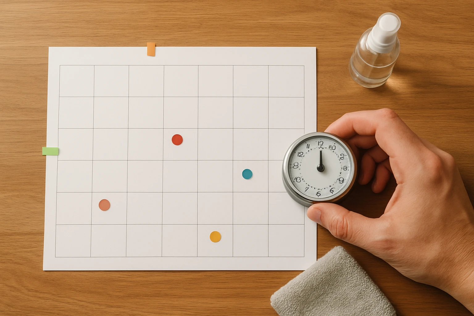 Paper monthly cleaning calendar with colored sticky tabs, a kitchen timer and microfiber cloth on a wooden kitchen counter.