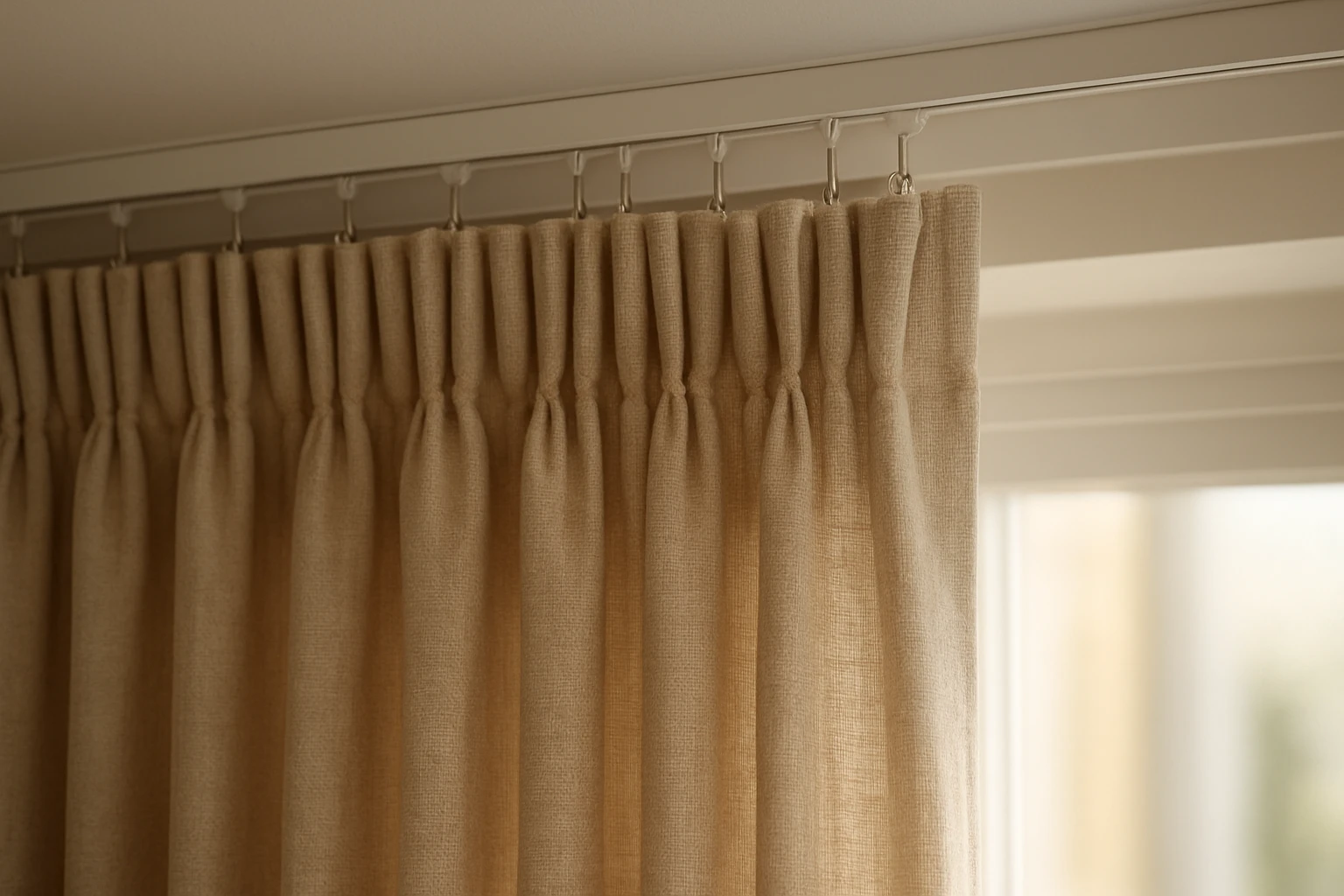 Pencil pleat curtain header with pleat tape and metal hooks attached to a ceiling-mounted curtain track above a window.