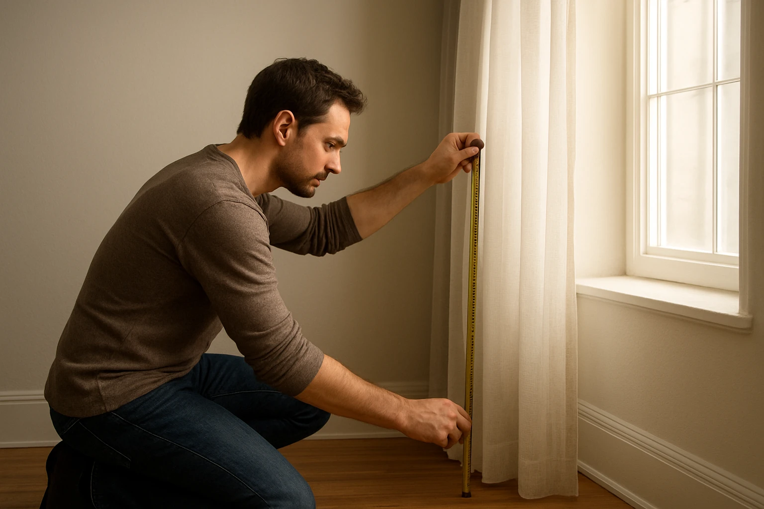 Person measuring curtain drop from the top of a curtain pole to just above a wood floor in a bright high-ceilinged room.