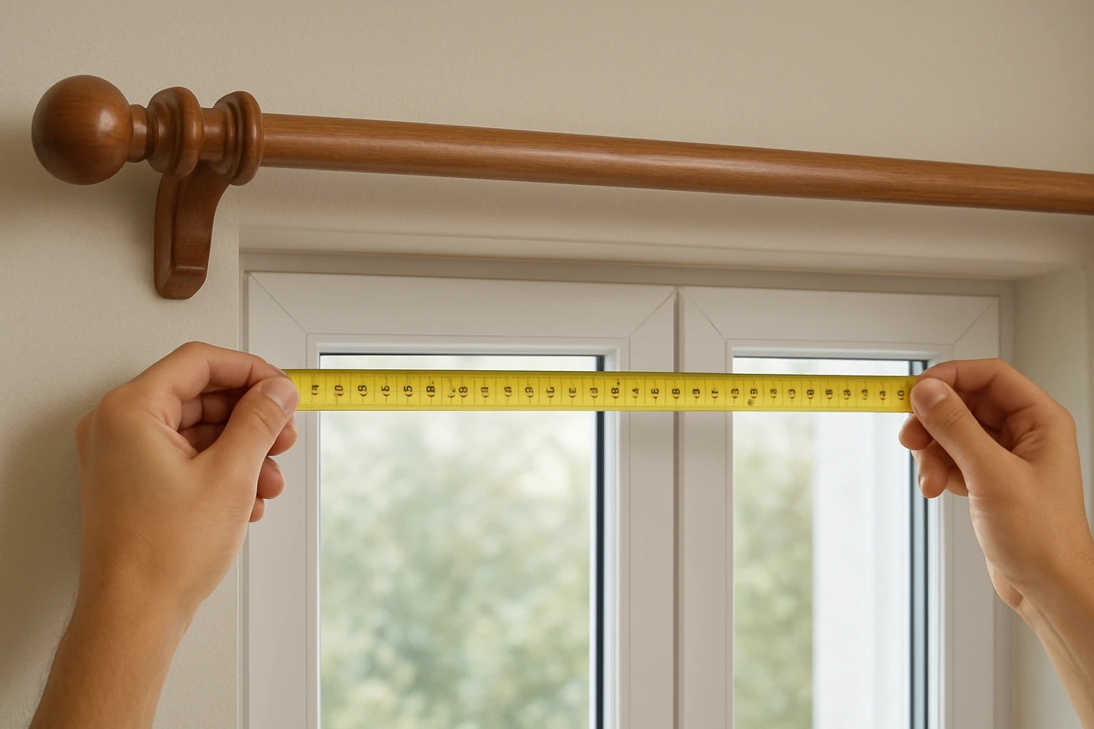 Person measuring curtain width across a double window from the outer face of a wooden pole bracket to the visible edge of a m
