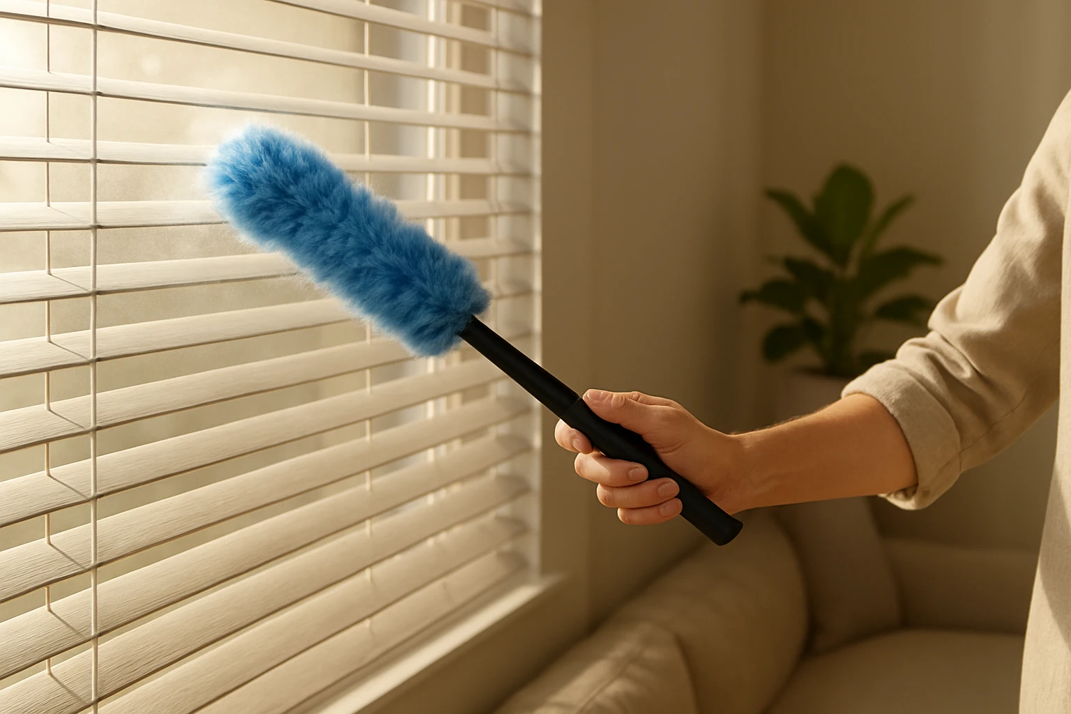 Person using a microfiber duster to sweep dust from the top slats and headrail of horizontal blinds in a sunlit living room