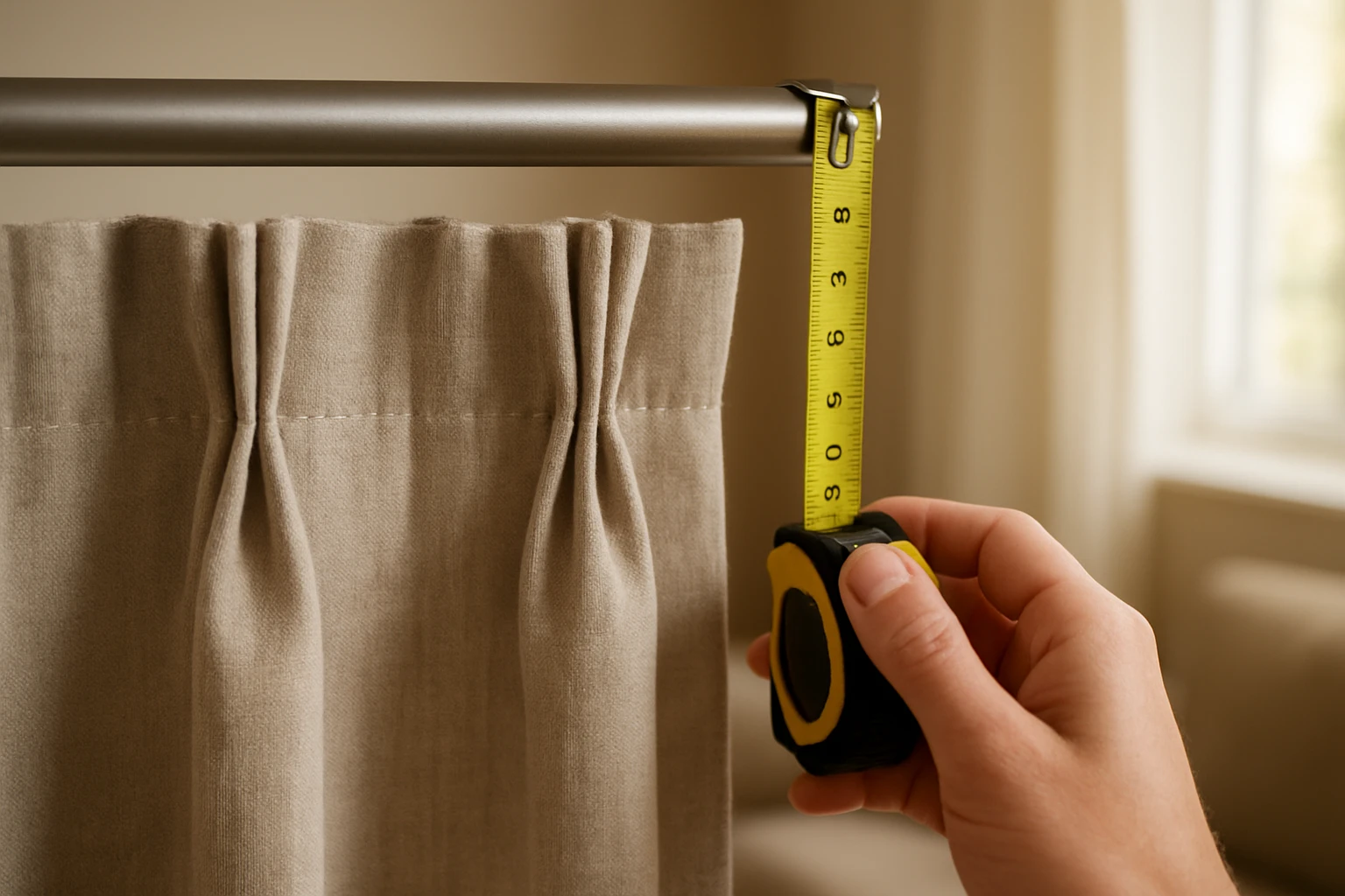 Pinch pleat curtain head with visible pleat pins and a hand measuring from the top of a metal curtain pole.