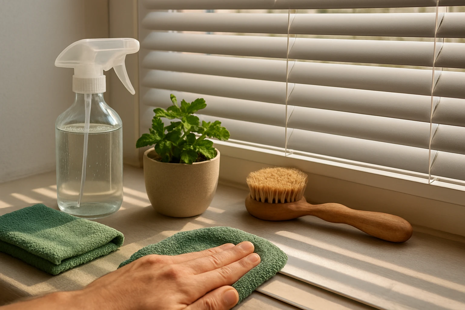 Reusable microfiber cloth and clear glass spray bottle on a windowsill beside white Venetian blinds being wiped, with a small