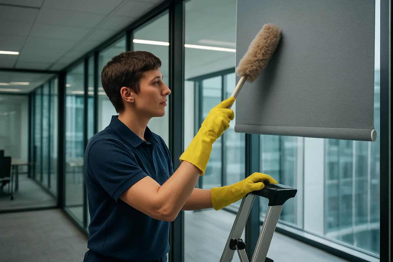 Roller blackout blind in an office being gently dusted with a soft microfiber brush by a cleaning professional.