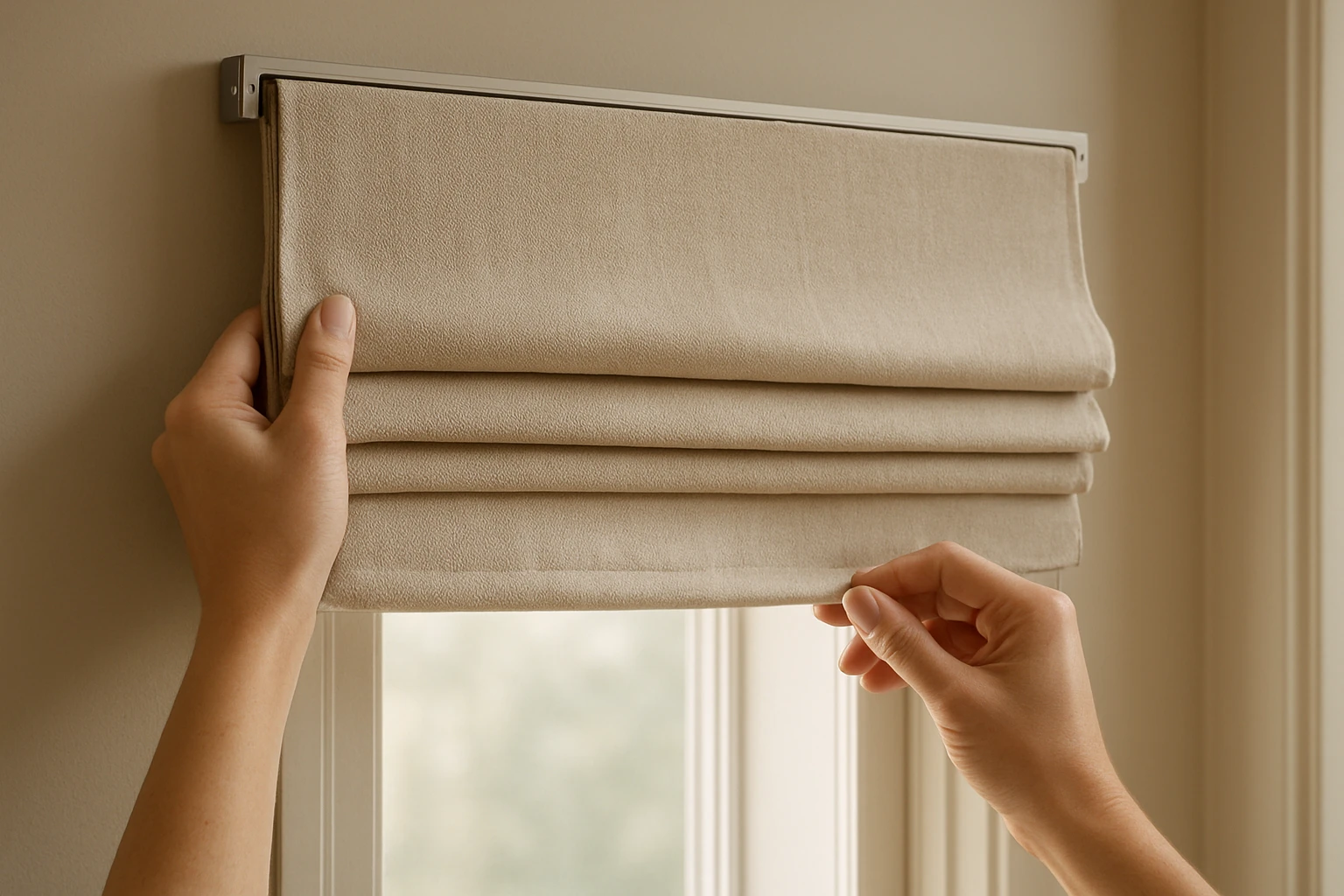 Roman curtain partially raised with neat horizontal folds and the mounting bracket visible above the window, a hand indicatin