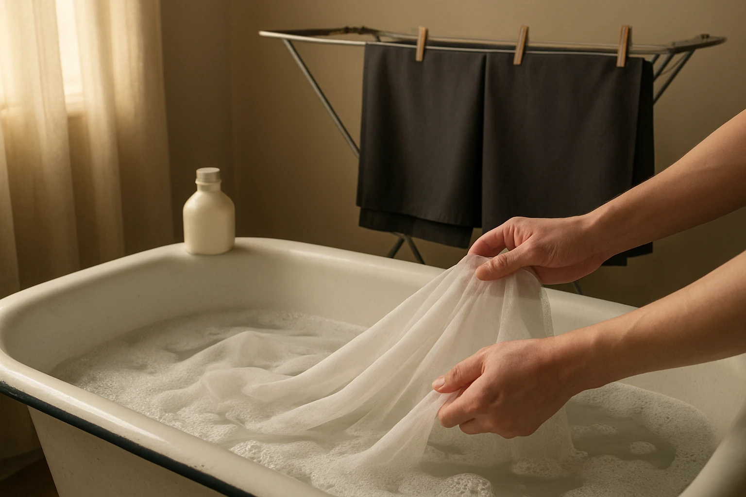 Sheer curtains being hand-washed in a bathtub while blackout panels hang to dry on a freestanding rack in a home laundry area