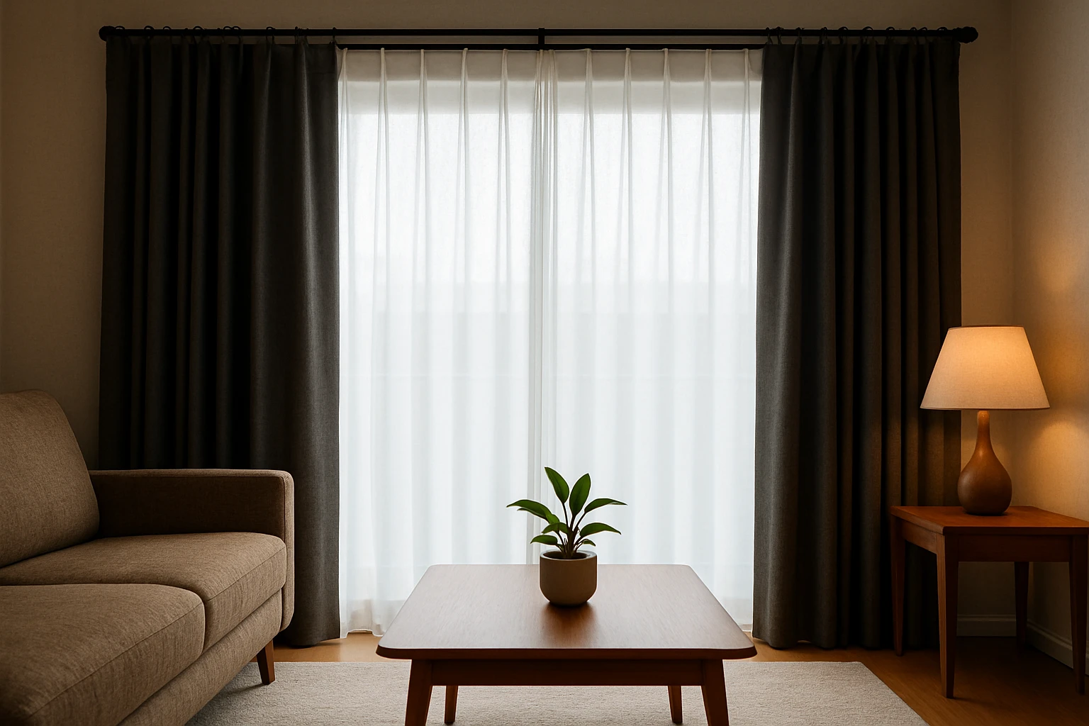 Sheer curtains drawn across a living room window with dark blackout curtains pulled to the sides, showing a visible track and