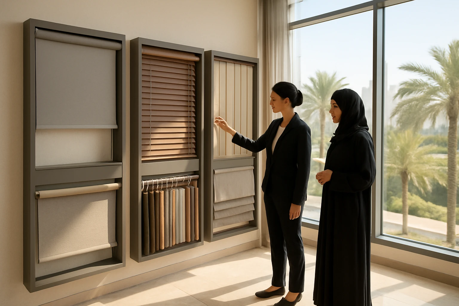 Showroom display of roller, venetian, vertical and Roman blinds with fabric swatches as a salesperson guides a customer in Du