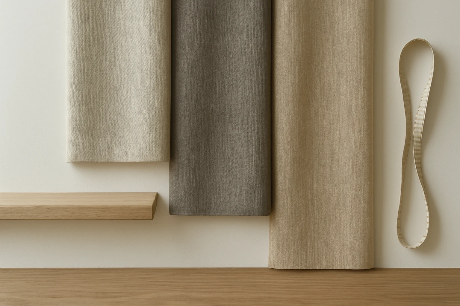 Three curtain fabric samples placed by a mock window sill and floorboards showing sill, below-sill, and floor-length drops wi