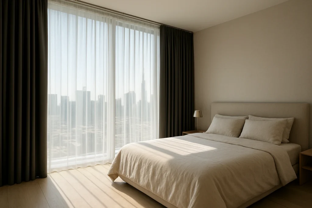 Translucent white sheer behind a deep charcoal blackout curtain in a bright Dubai apartment bedroom, sunlight filtering throu