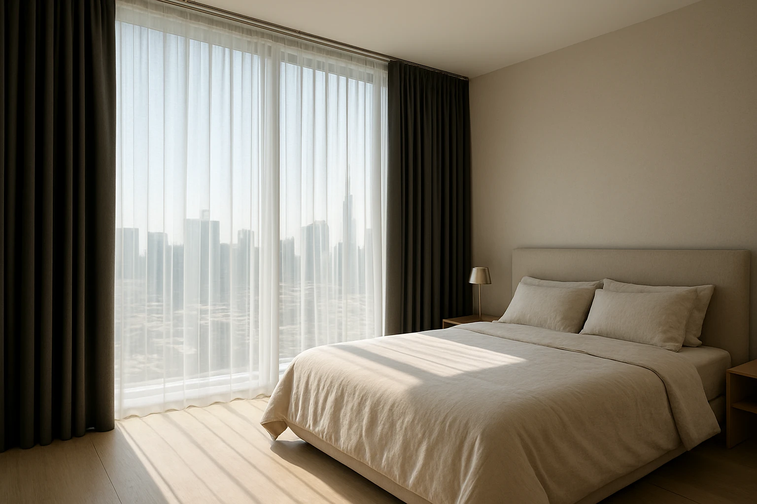 Translucent white sheer behind a deep charcoal blackout curtain in a bright Dubai apartment bedroom, sunlight filtering throu