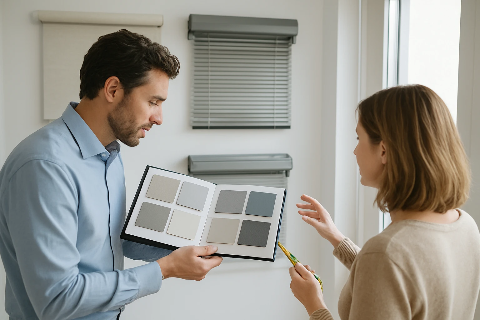 Waterproof blinds consultation with swatches
