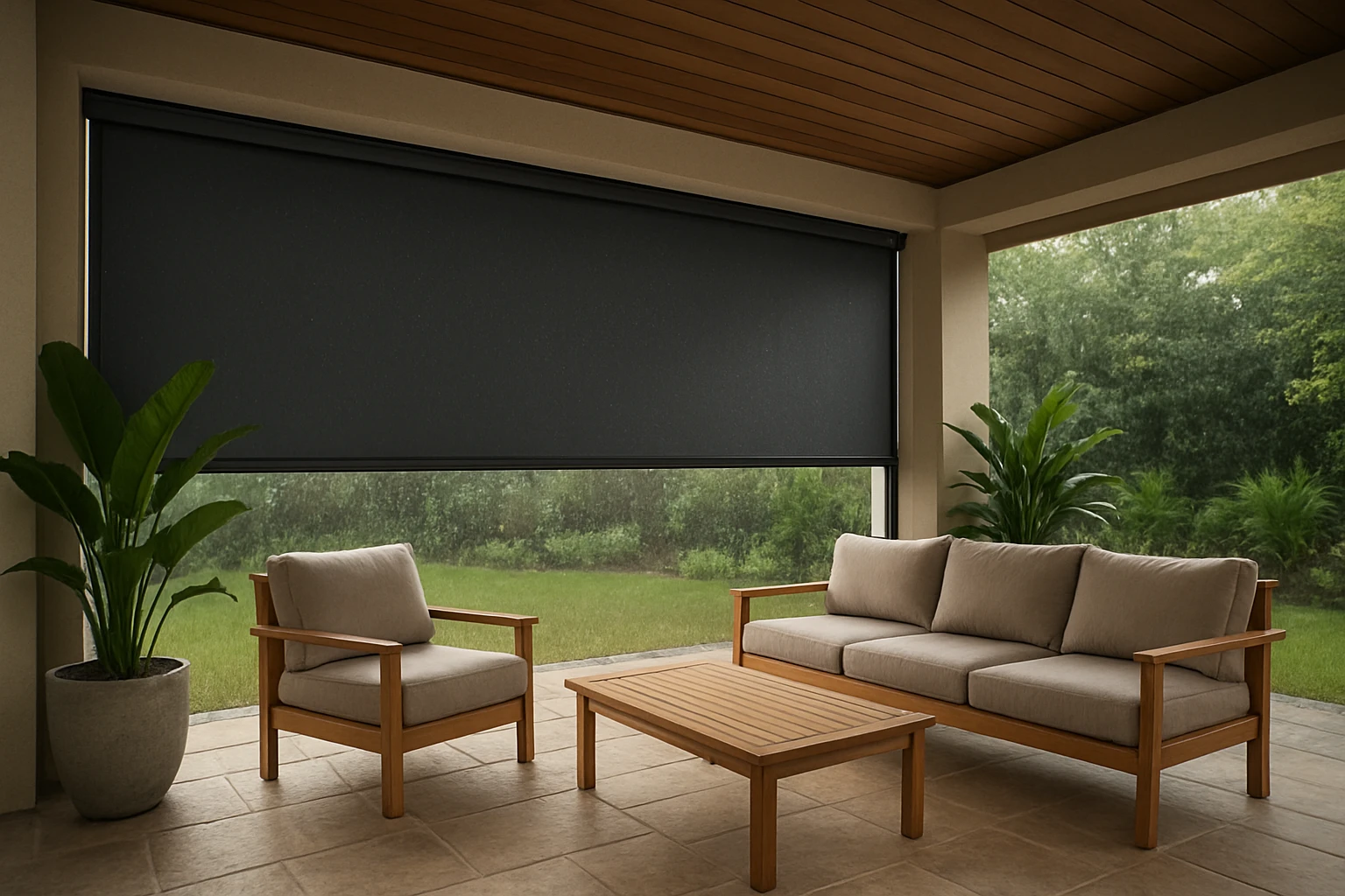 Waterproof blinds on covered terrace